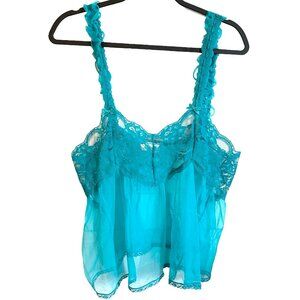 Vtg Teal Sheer Satin Cami Lace Babydoll Camisole Tank Y2K Grunge Whimsygoth L